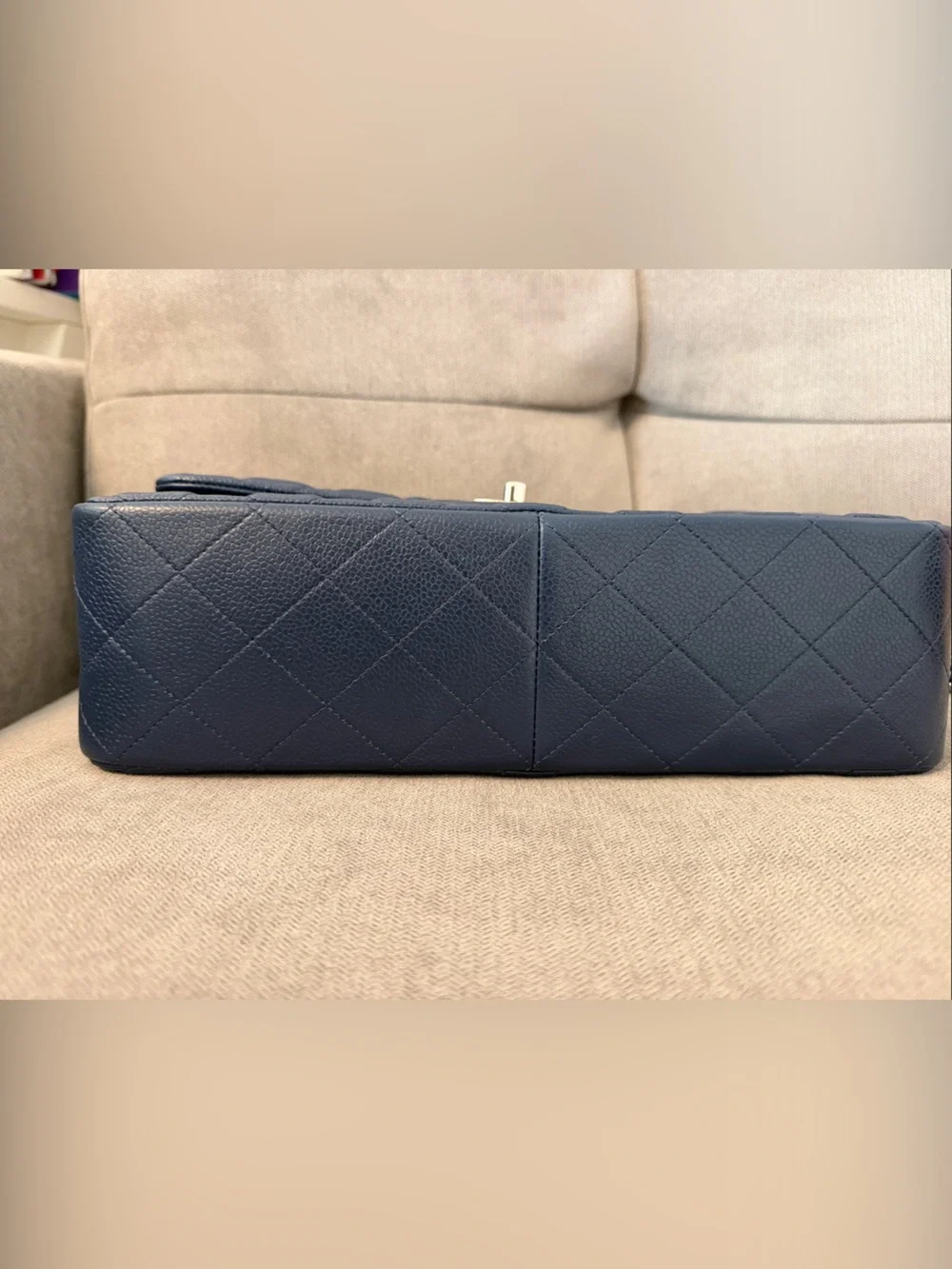 Authentic Chanel Classic Jumbo Double Flap Bag - Navy Blue Caviar Leather